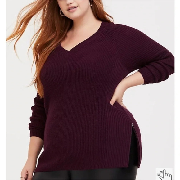 Torrid burgundy purple rib raglan tunic sweater 2 side zip 8” long plus size - Picture 1 of 13